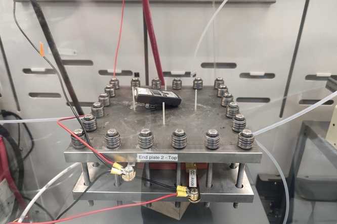 Feng Jiao’s lab created a diaphragm-based carbon monoxide electrolyzer design using a gas-diffusion electrode with copper nanoparticles as a cathode and nickel-iron oxide as an anode. The results show that diaphragms can be a scalable and durable solution for carbon monoxide conversion, making the process cheaper and more compatible with renewable energy sources. (Credit: Jiao lab)